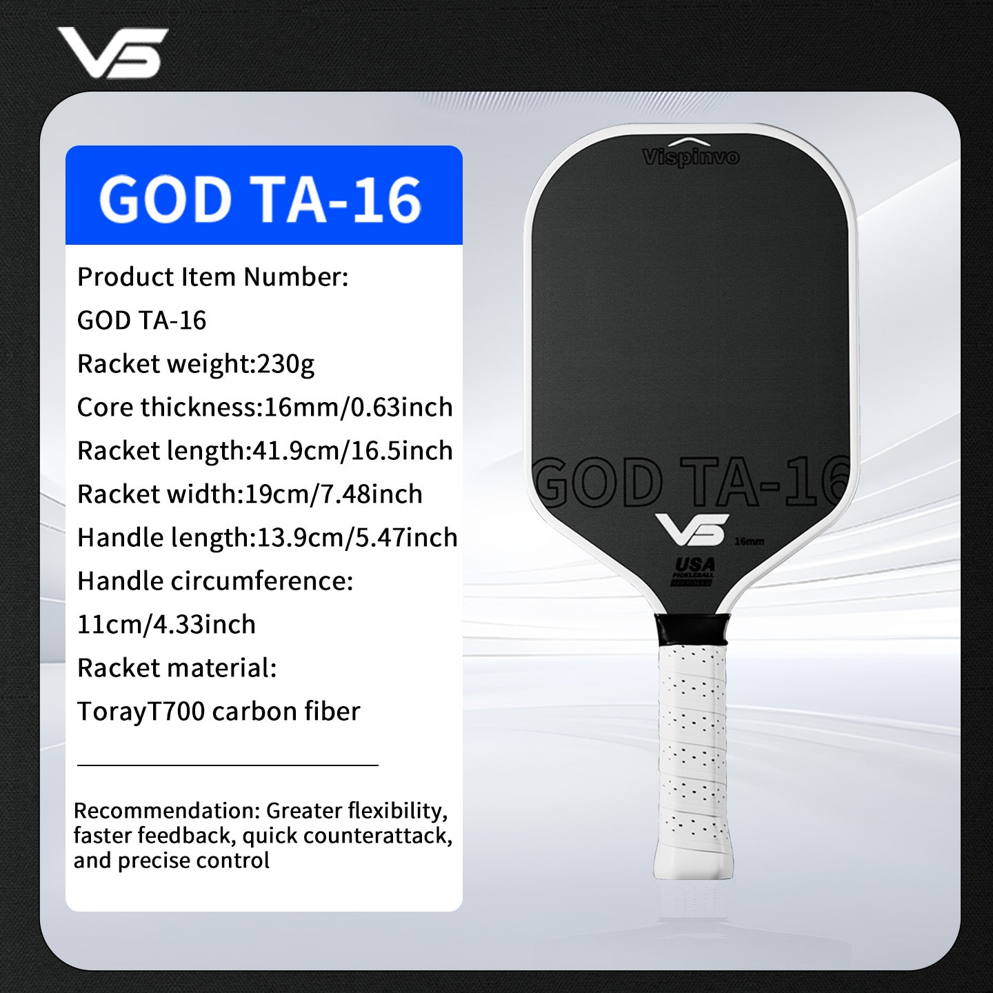 USAPA Approved VISPINVO GOD TA-16  Pickleball Paddles