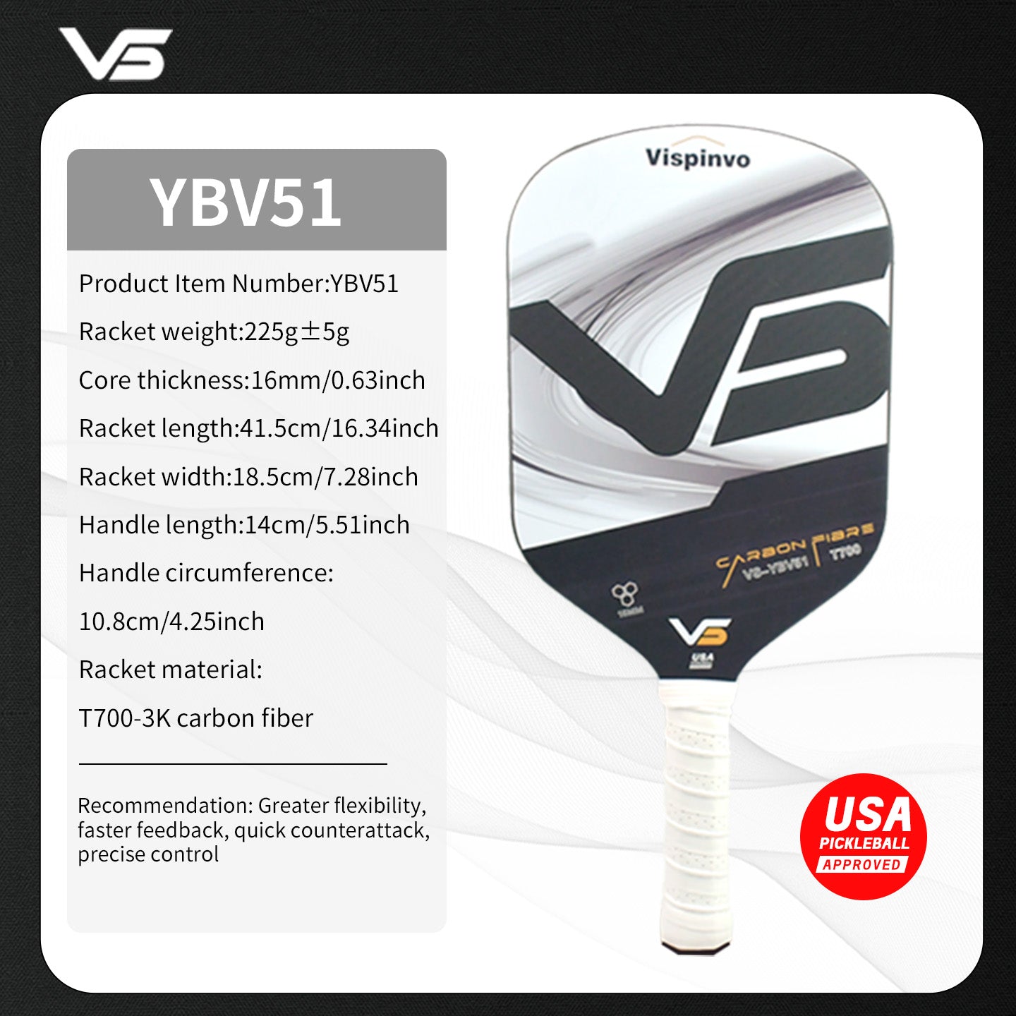 USAPA Approved VISPINVO YBV51 Pickleball Paddles