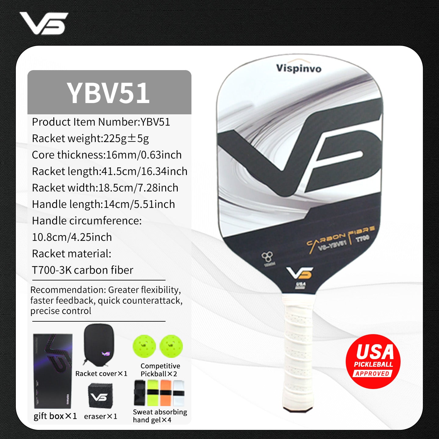 USAPA Approved VISPINVO YBV51 Pickleball Paddles