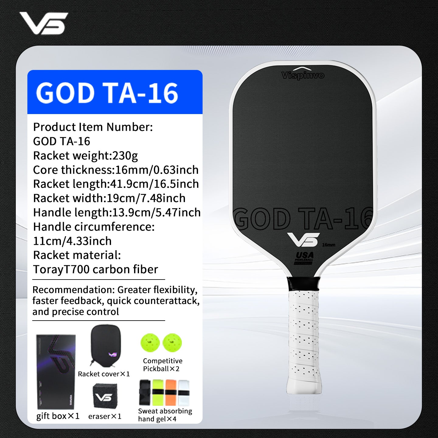 USAPA Approved VISPINVO GOD TA-16  Pickleball Paddles