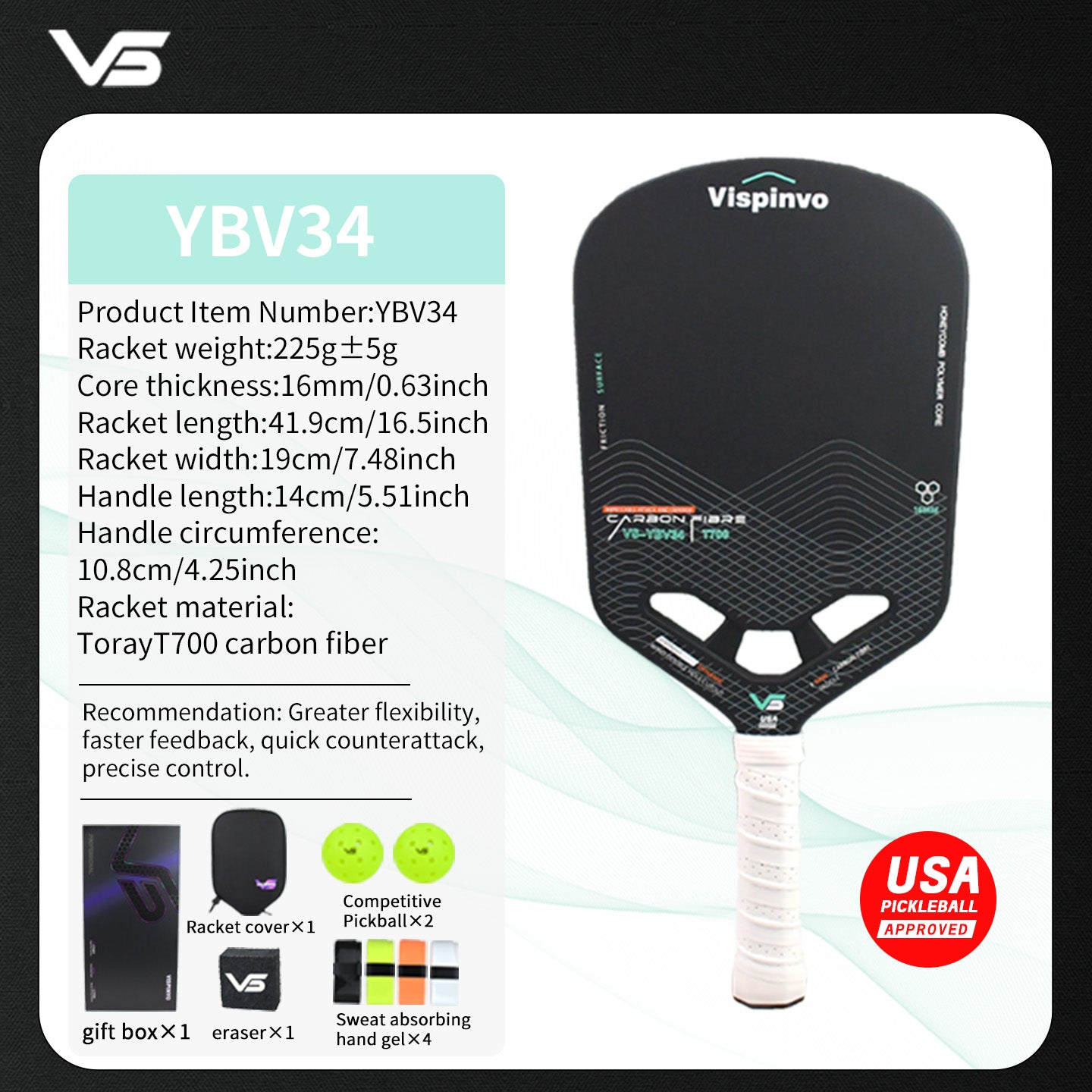 USAPA Approved VISPINVO YBV34 Pickleball Paddles