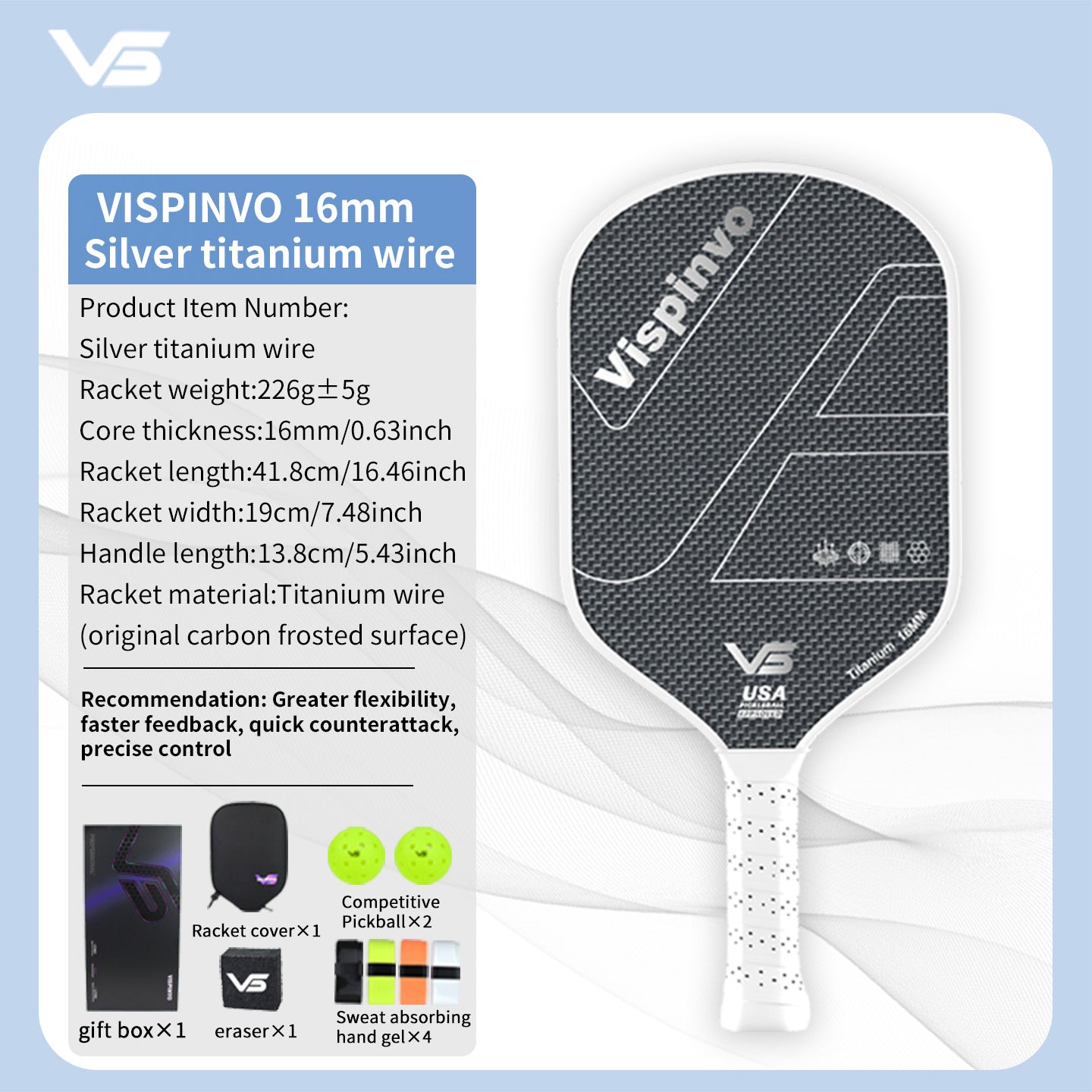 VISPINVO VS-Titanium Wire 16mm Pickleball Paddles – Powkiddy