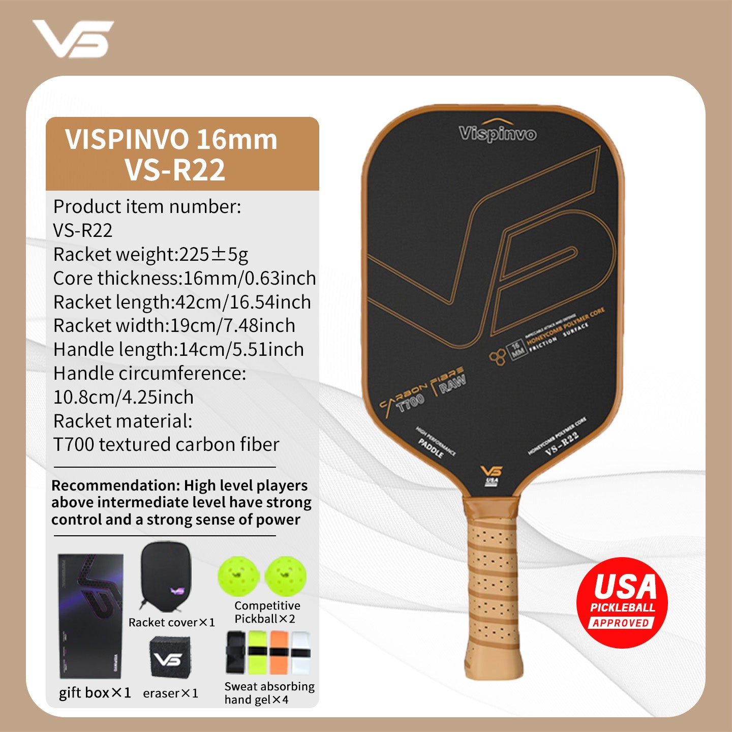 USAPA Approved VISPINVO R22 Pickleball Paddles