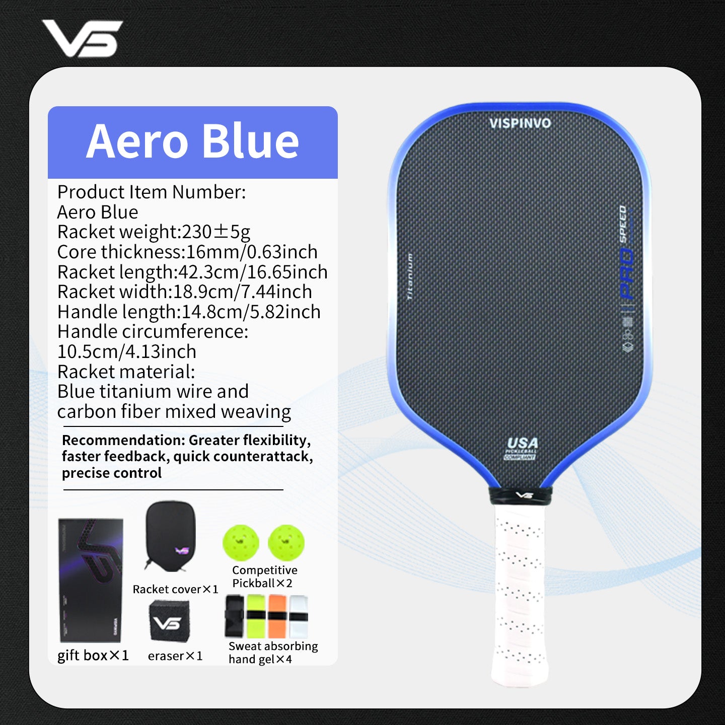 VISPINVO VS-Blue Titanium Wire 16mm Pickleball Paddles